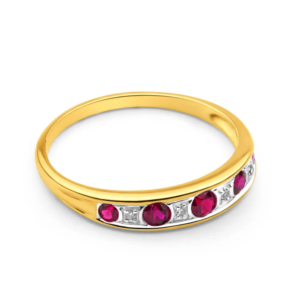 9ct Yellow Gold 5 Created Ruby and Diamond Graduated Ring
