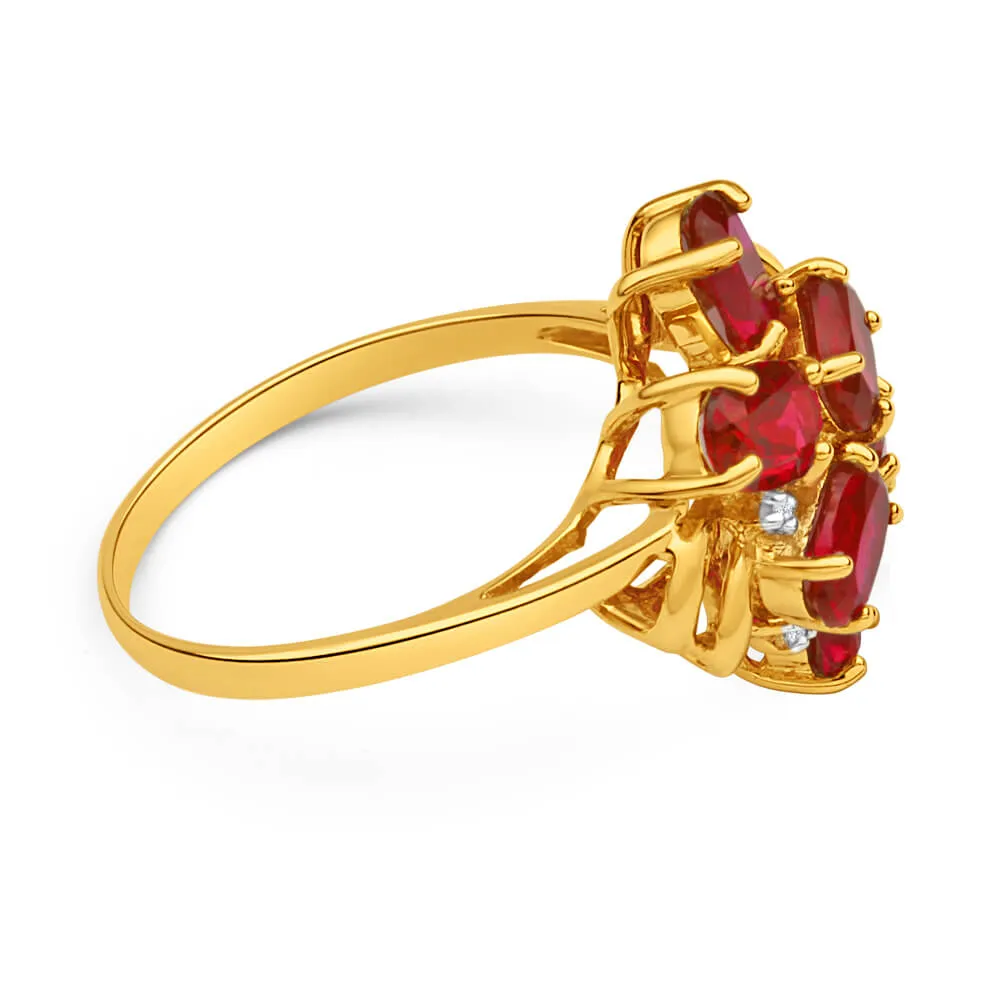 9ct Yellow Gold 6 Oval Created Ruby   3 Diamond Ring