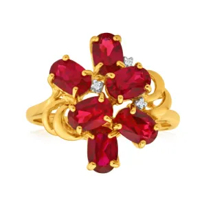 9ct Yellow Gold 6 Oval Created Ruby   3 Diamond Ring