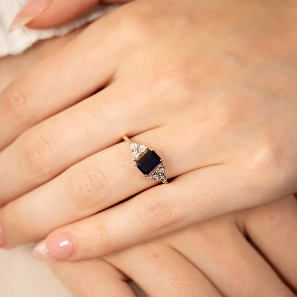 9ct Yellow Gold 7mm Created Sapphire And Diamond Ring