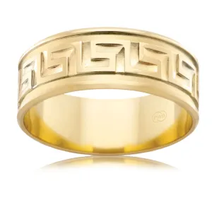 9ct Yellow Gold 8mm Flat Bevel Greek Key Ring. SIZE X