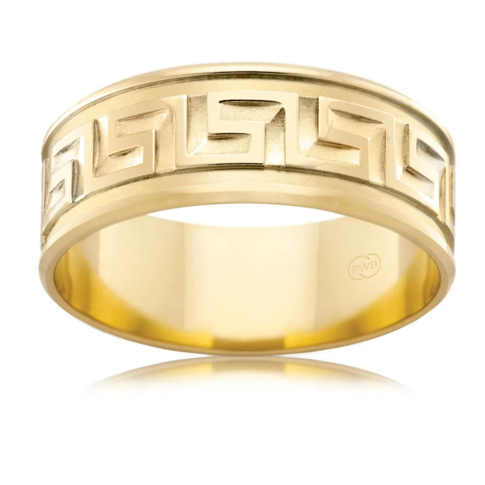 9ct Yellow Gold 8mm Flat Bevel Greek Key Ring. SIZE X