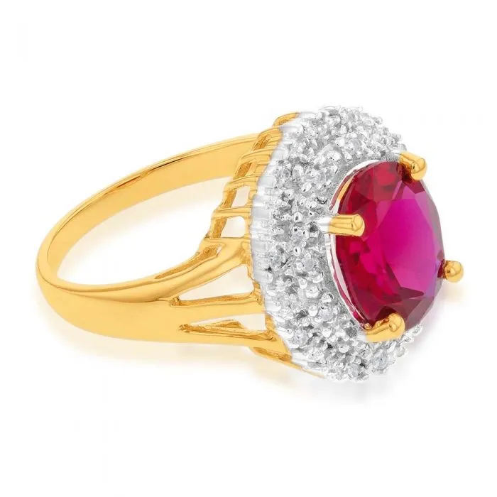 9ct Yellow Gold 8x10mm Created Ruby   Diamond Halo Ring