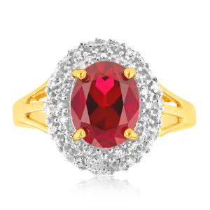 9ct Yellow Gold 8x10mm Created Ruby   Diamond Halo Ring