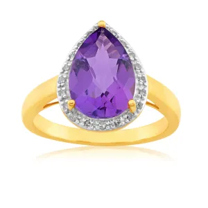 9ct Yellow Gold Amethyst & Diamond Dress Ring