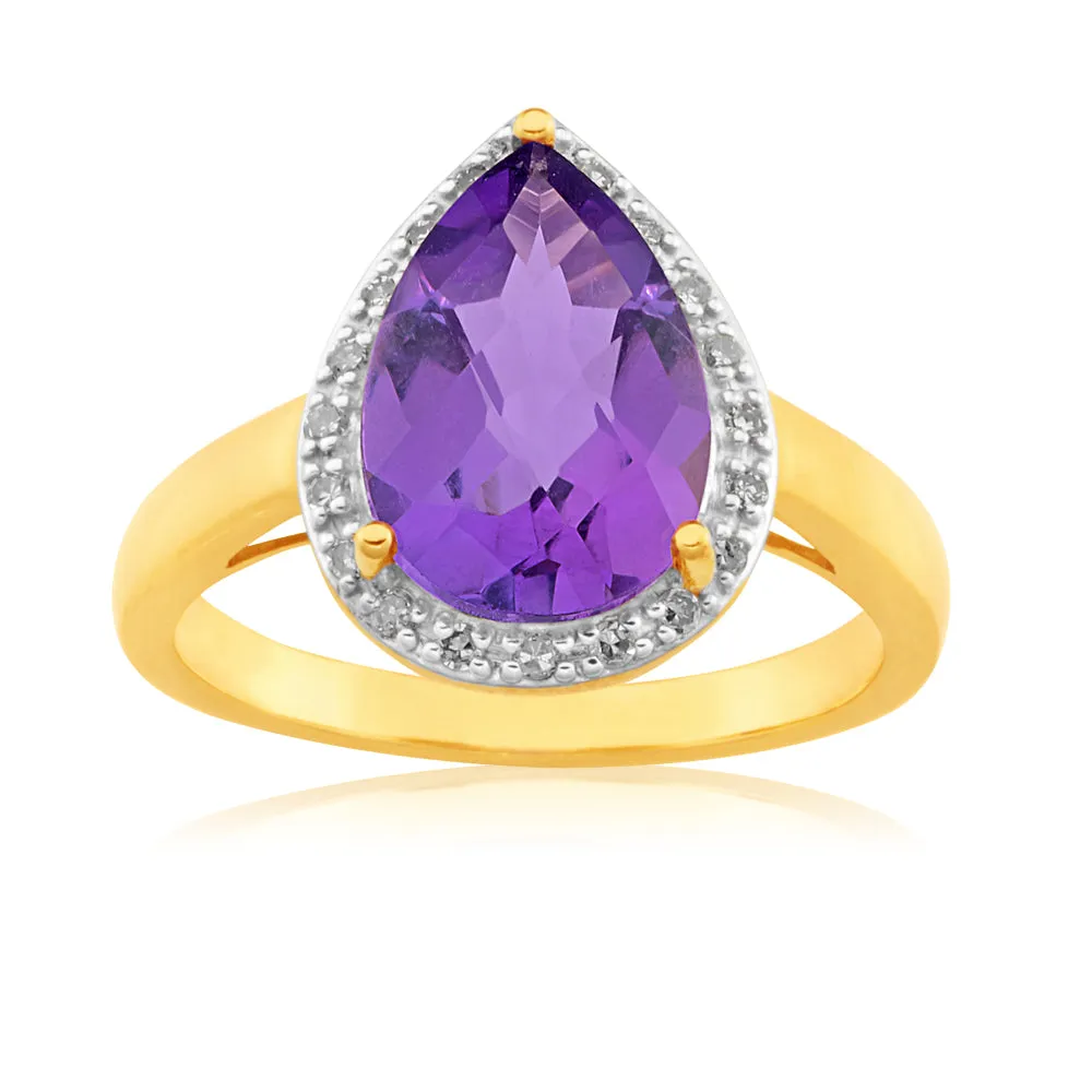 9ct Yellow Gold Amethyst & Diamond Dress Ring