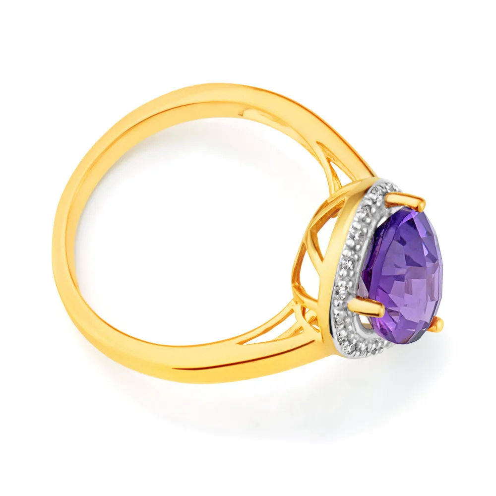 9ct Yellow Gold Amethyst & Diamond Dress Ring