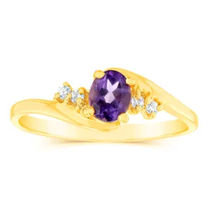 9ct Yellow Gold Amethyst   Cubic Zirconia Swirl Ring