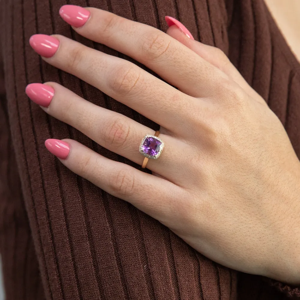 9ct Yellow Gold Amethyst Diamond Ring