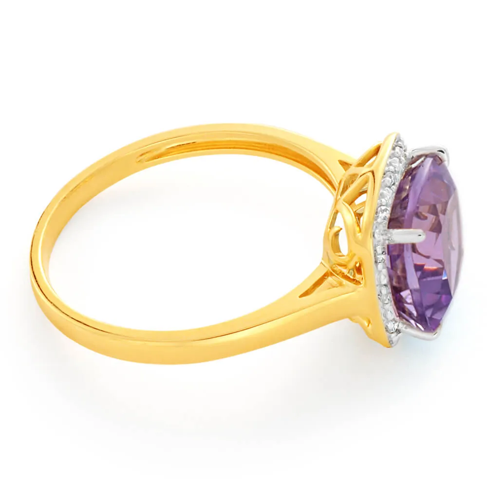 9ct Yellow Gold Amethyst Diamond Ring