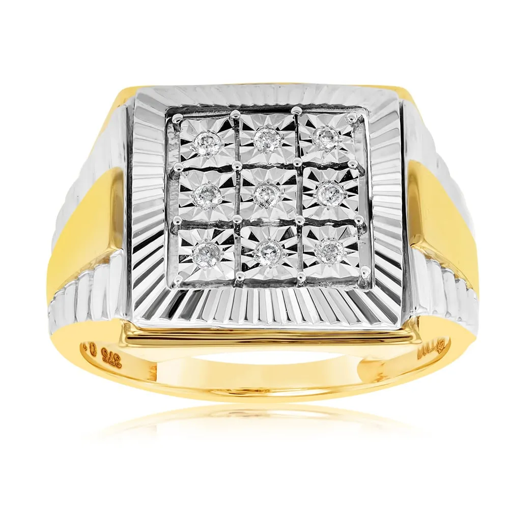9ct Yellow Gold & Rhodium Set with 9 Brilliant Diamonds Gents Ring Set