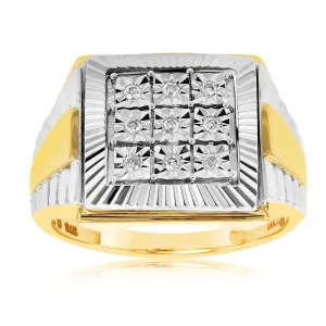9ct Yellow Gold & Rhodium Set with 9 Brilliant Diamonds Gents Ring Set