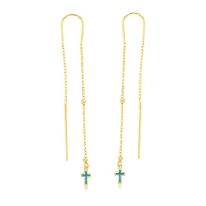 9ct Yellow Gold Blue Enamel Cross On Threader Earrings