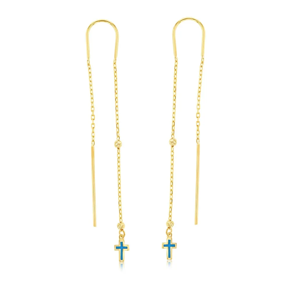 9ct Yellow Gold Blue Enamel Cross On Threader Earrings