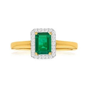 9ct Yellow Gold Created Emerald   Diamond Ring