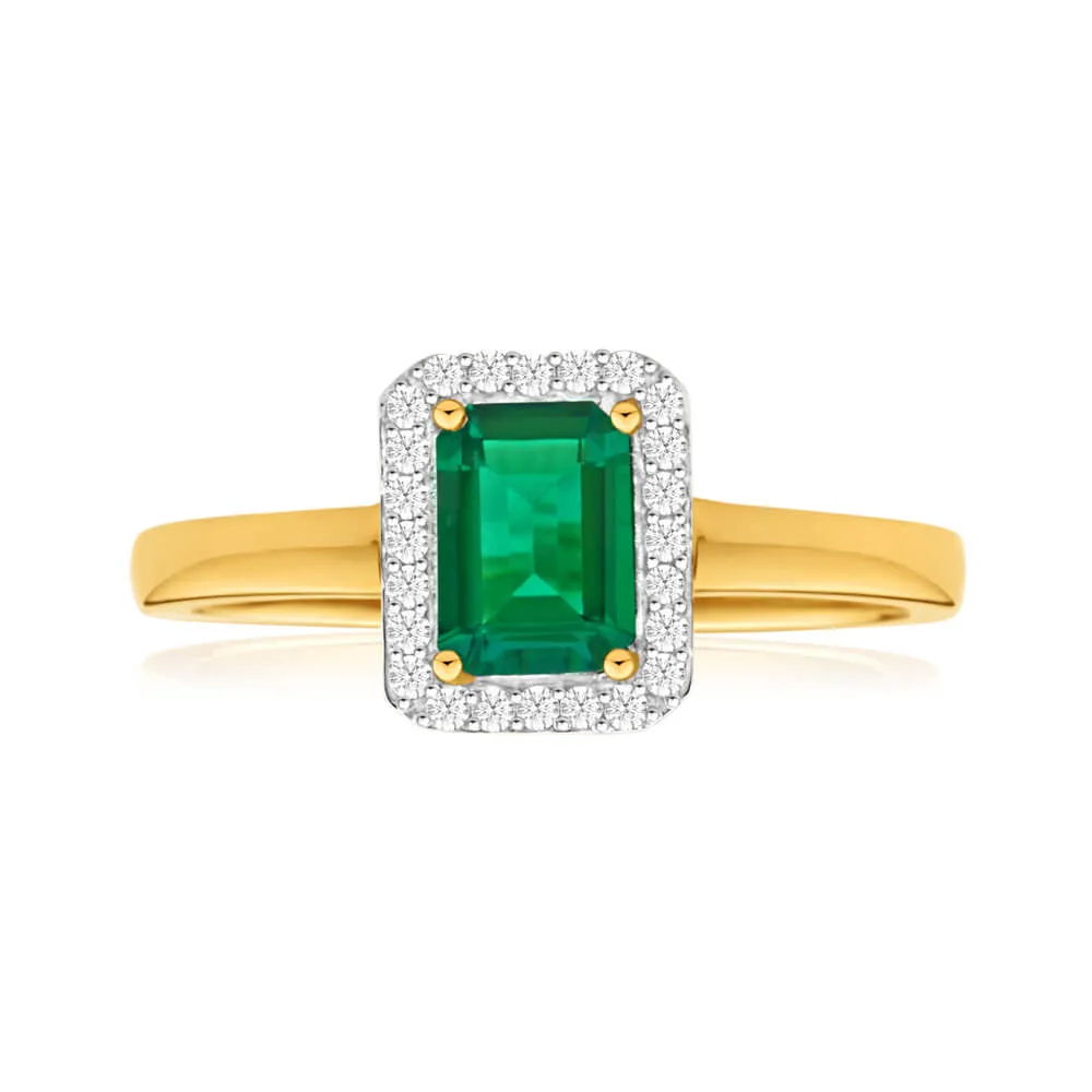 9ct Yellow Gold Created Emerald   Diamond Ring