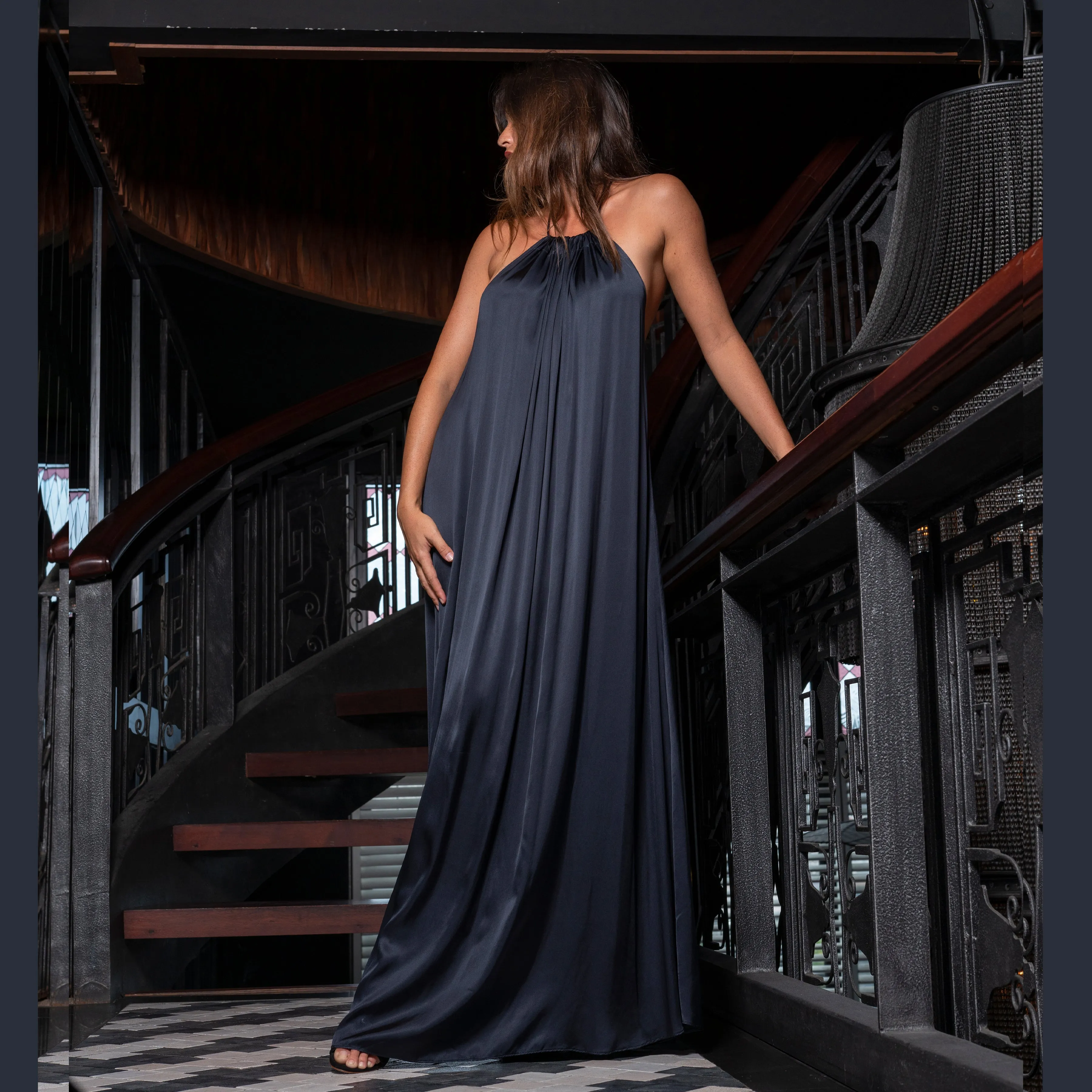 BACKLESS V LONG HALTER DRESS - Viscose Satin | Midnight Blue