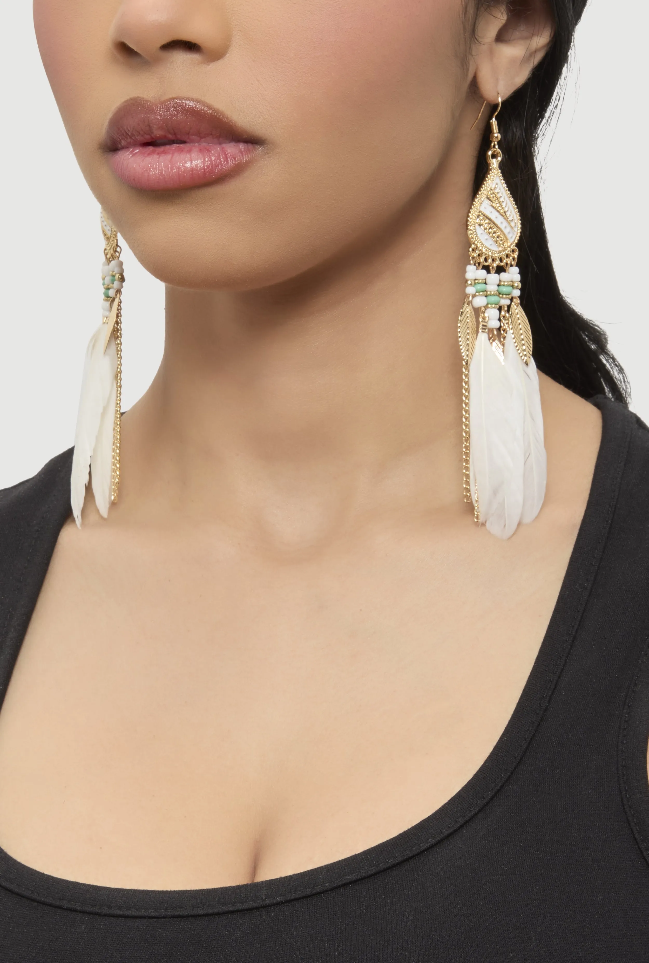 Beaded Feather Drop Earrings