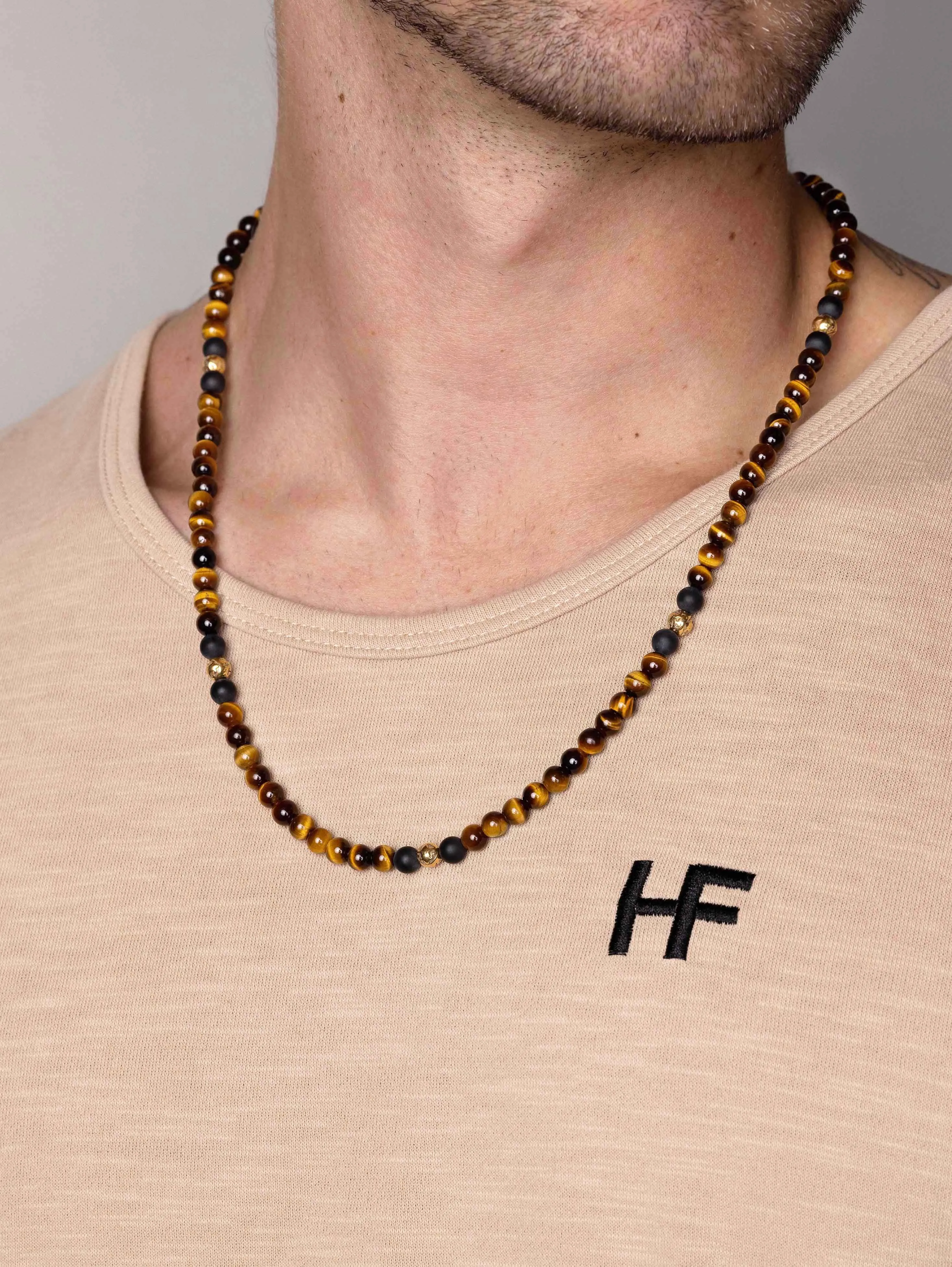 Beaded Necklace with Brown Tiger Eye and Gold