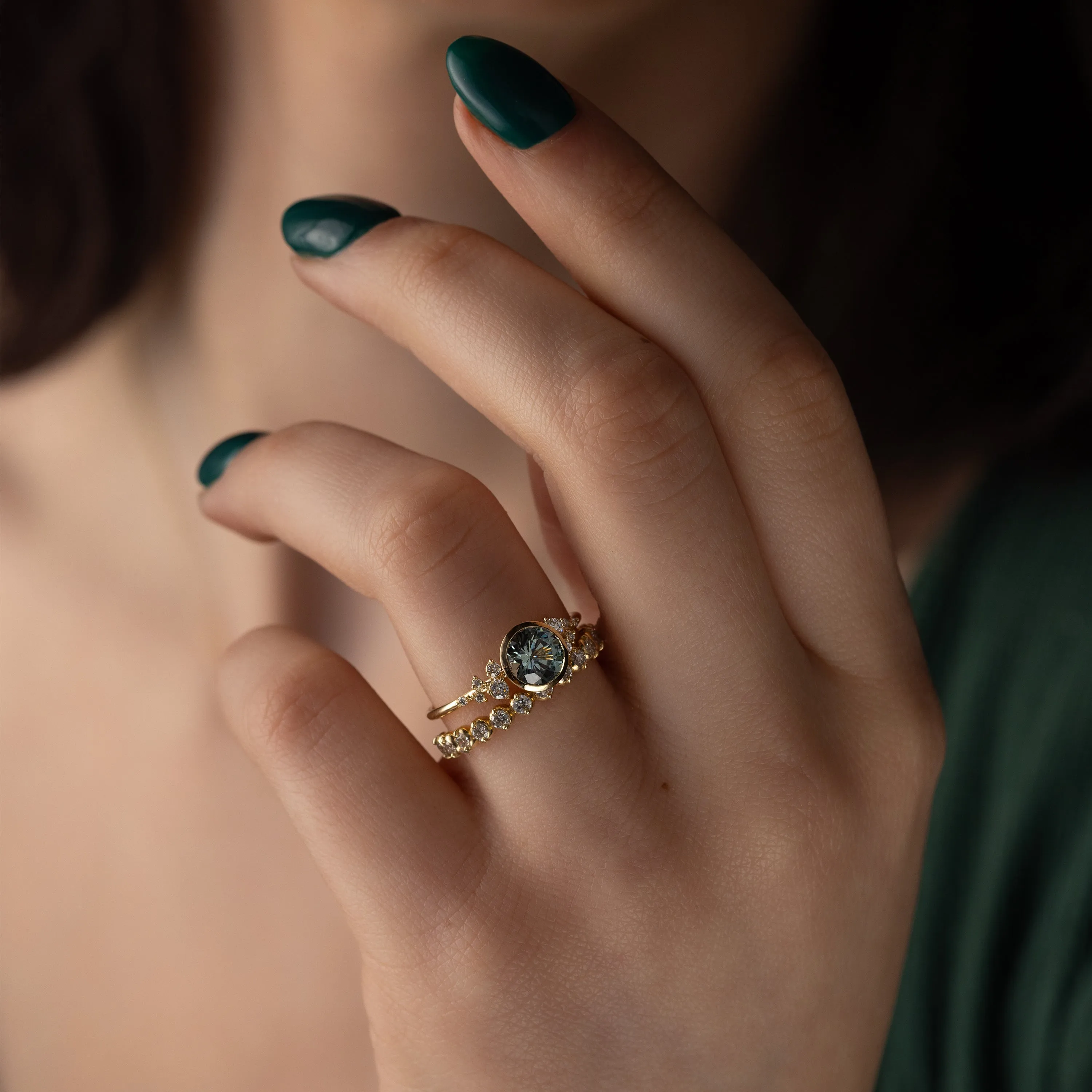 Bezel Snowdrift Ring, 1.12ct. Blue-Green Montana Sapphire