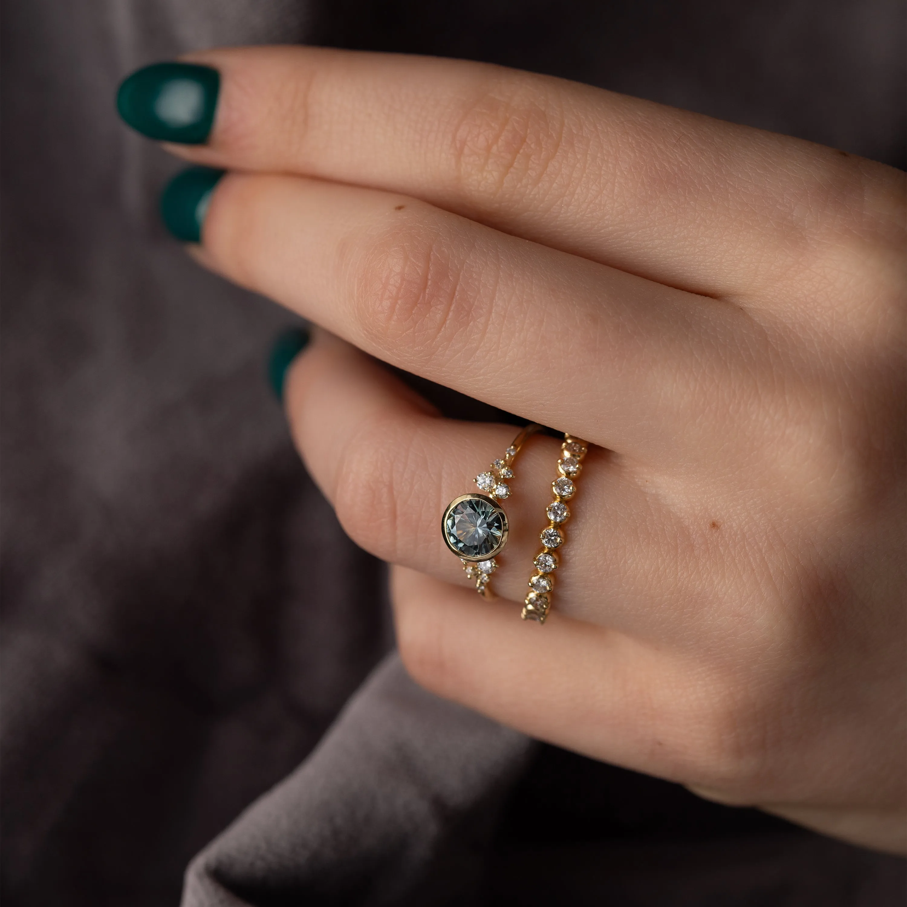 Bezel Snowdrift Ring, 1.12ct. Blue-Green Montana Sapphire