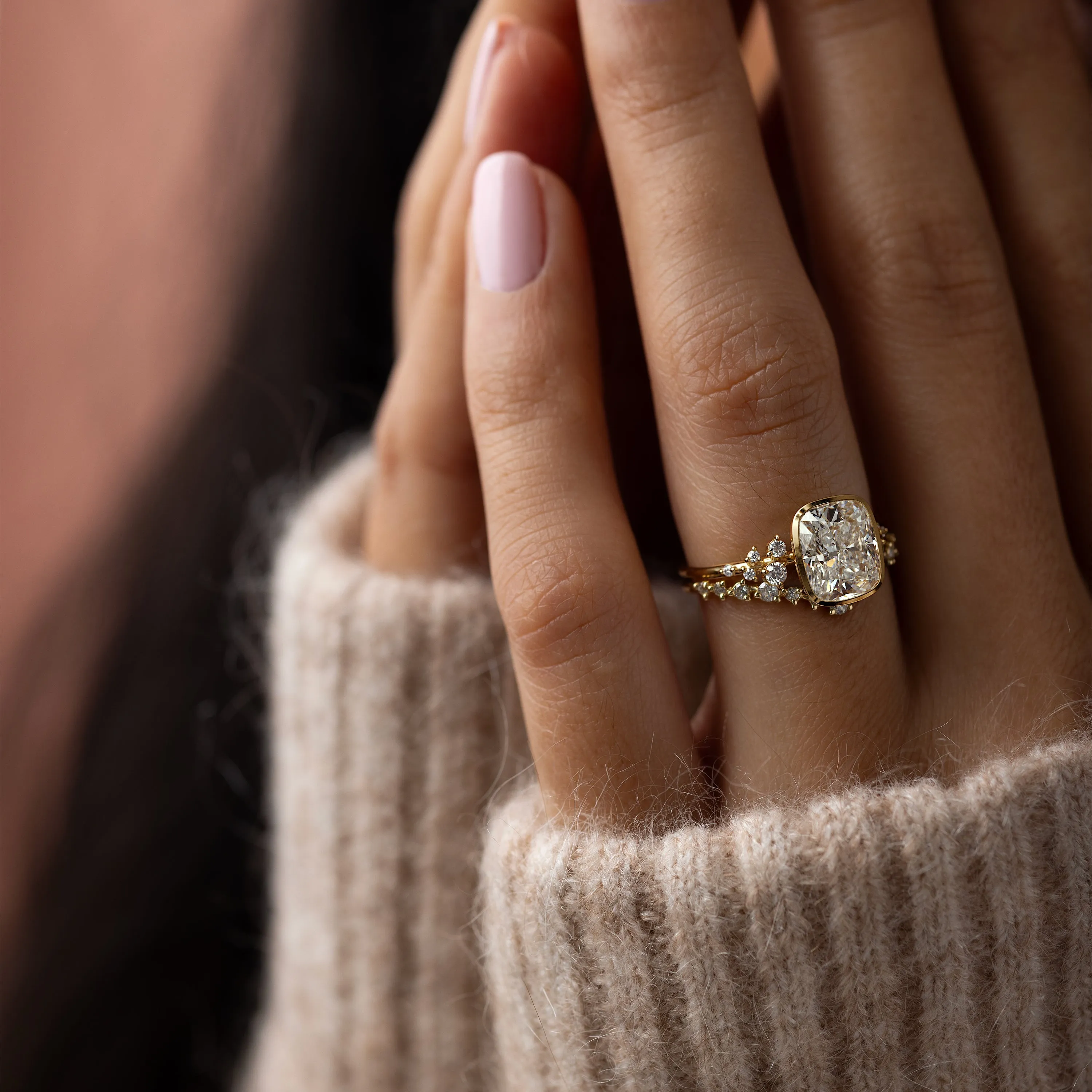 Bezel Snowdrift Ring, Cushion Cut