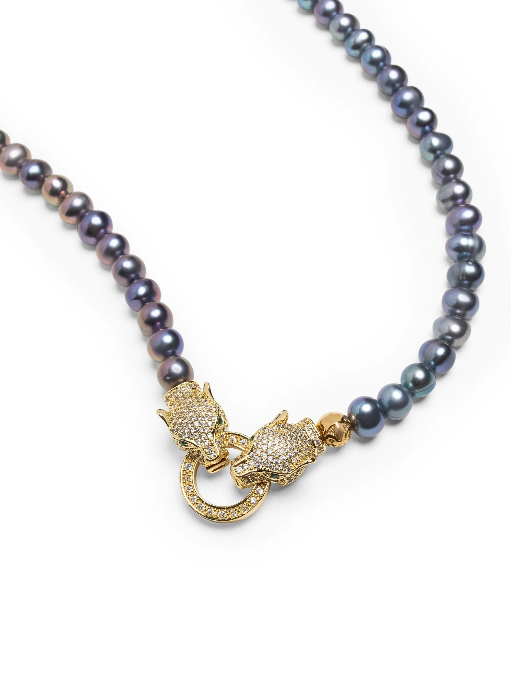 Black Pearl Choker with Double Panther Head in Gold
