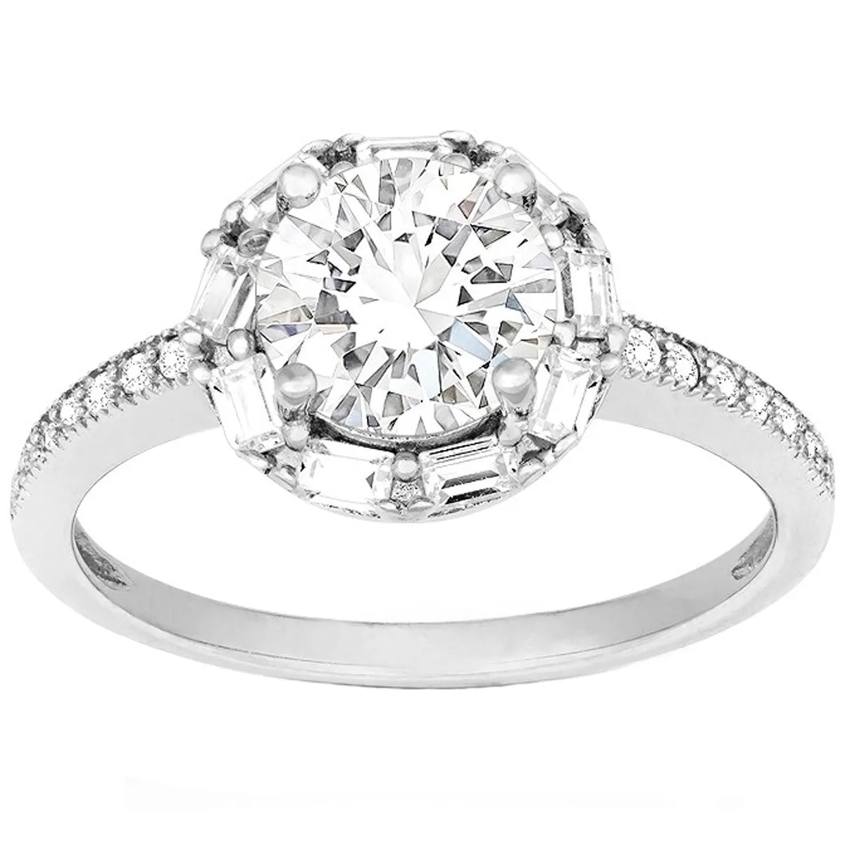 Classic Women's Silver Halo Style White CZ Ring - W-9895