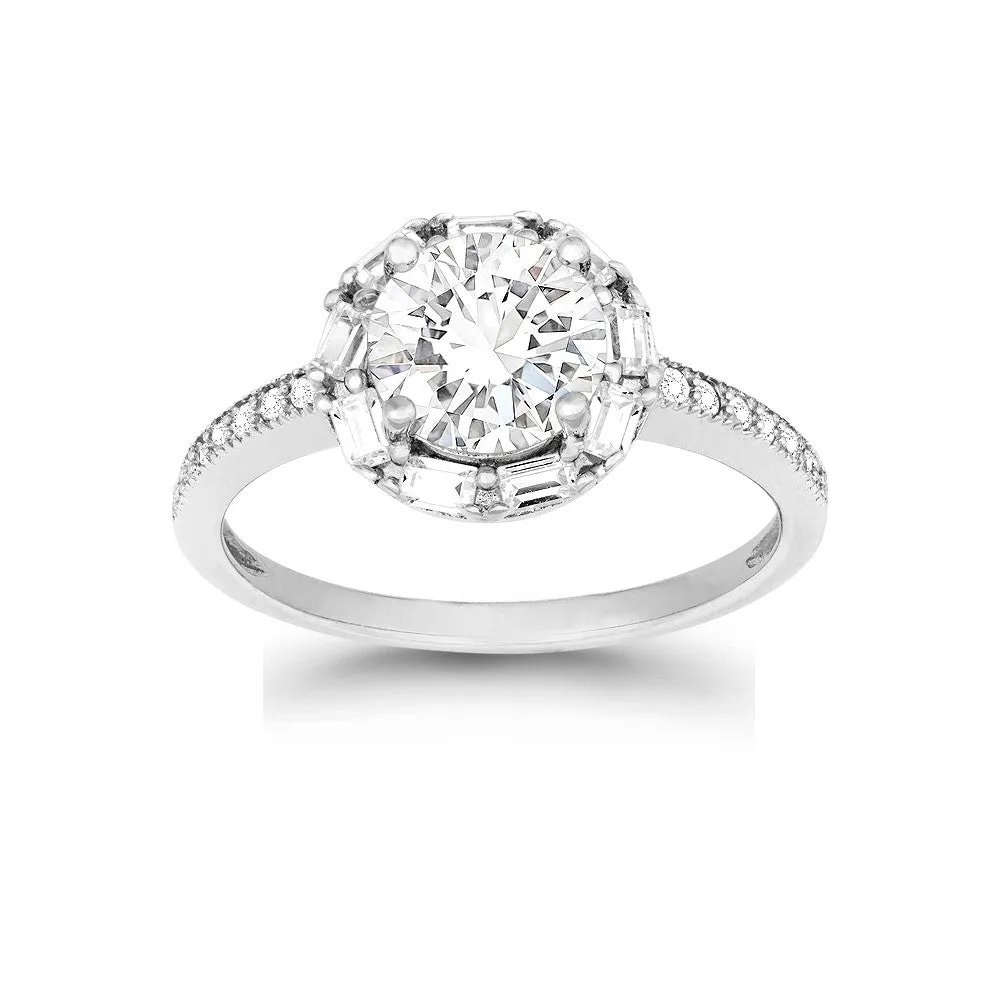 Classic Women's Silver Halo Style White CZ Ring - W-9895
