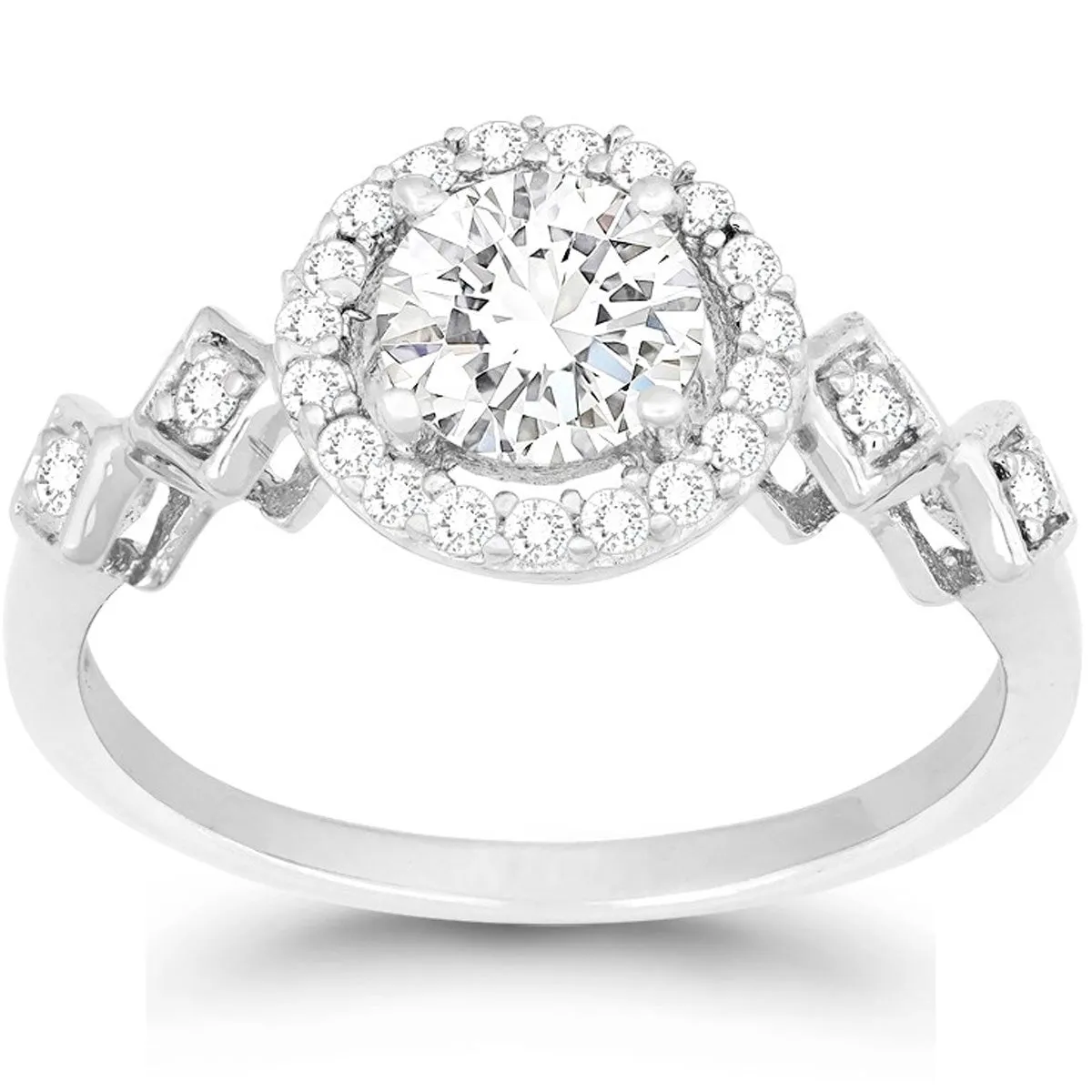 Classic Women's Silver Small Halo Style CZ Ring - W-9894