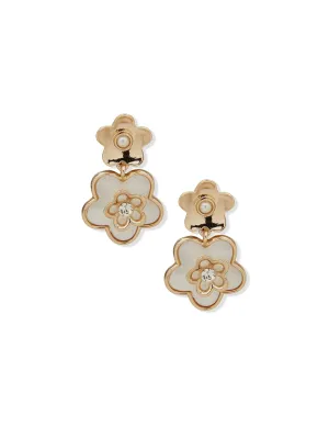 Double Flower Motif Drop Earring - Clip