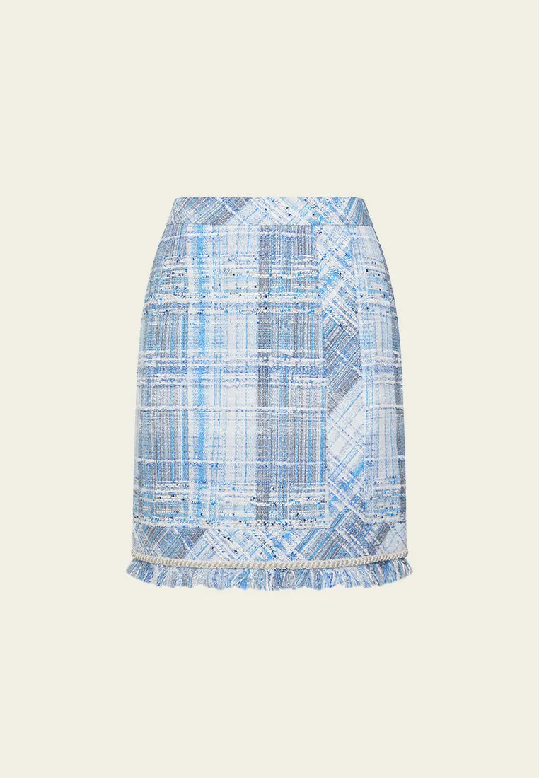 Embellished Frayed-hem Stripped Tweed Skirt
