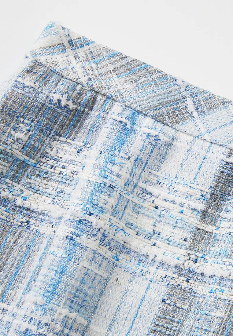 Embellished Frayed-hem Stripped Tweed Skirt