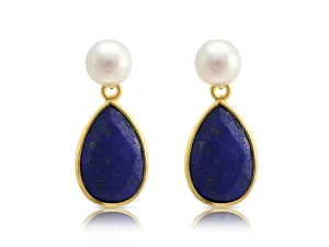 Freshwater Pearl Stud and Lapis Tear Drop Earrings