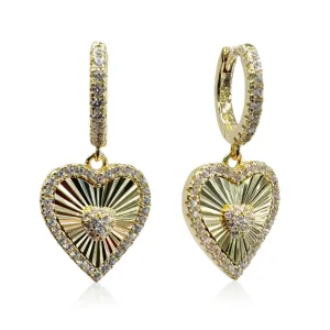 Gold Plated CZ Huggie Earrings with Diamond Cut Heart with Halo