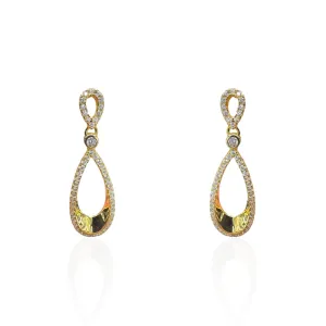 Gold Plated Double Open Teardrop Hanging Earring with Pave CZ Border