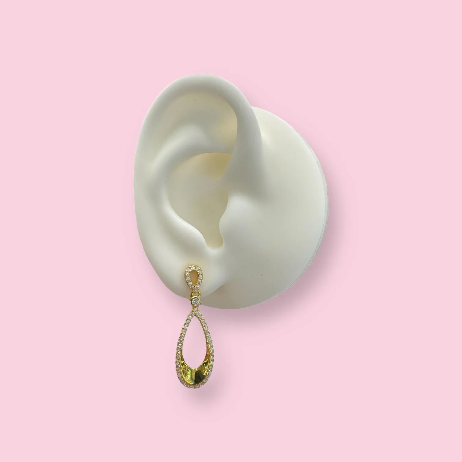 Gold Plated Double Open Teardrop Hanging Earring with Pave CZ Border