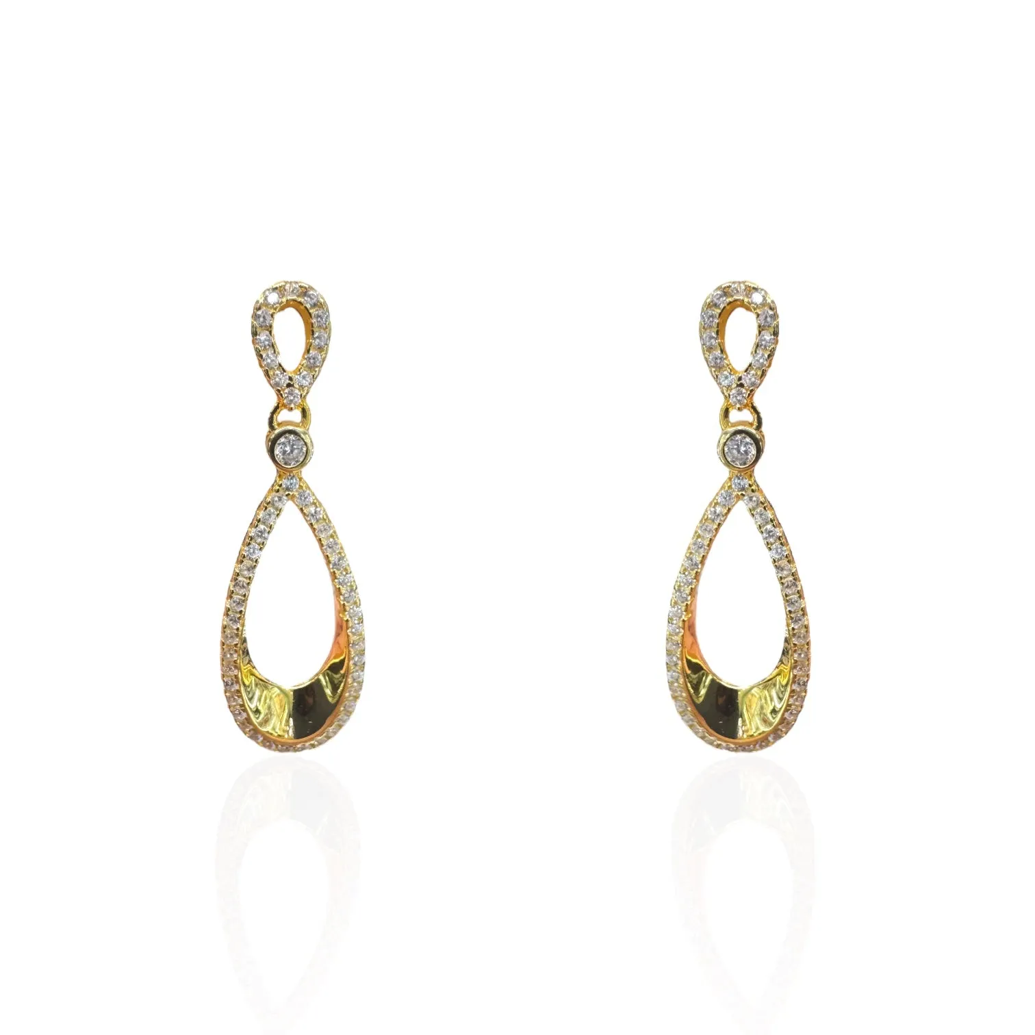 Gold Plated Double Open Teardrop Hanging Earring with Pave CZ Border