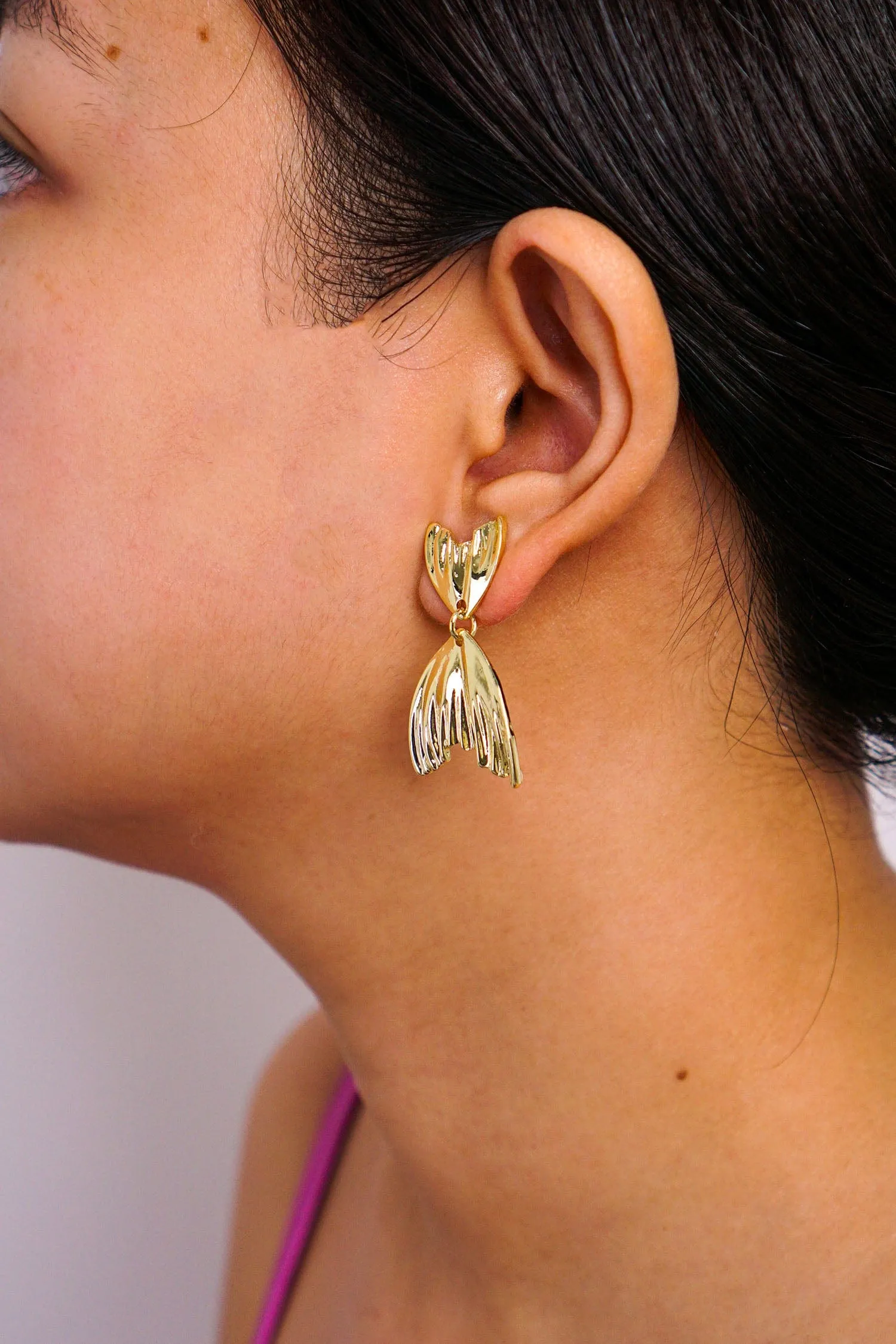 Gold Pleated Fishtail Stud Earrings
