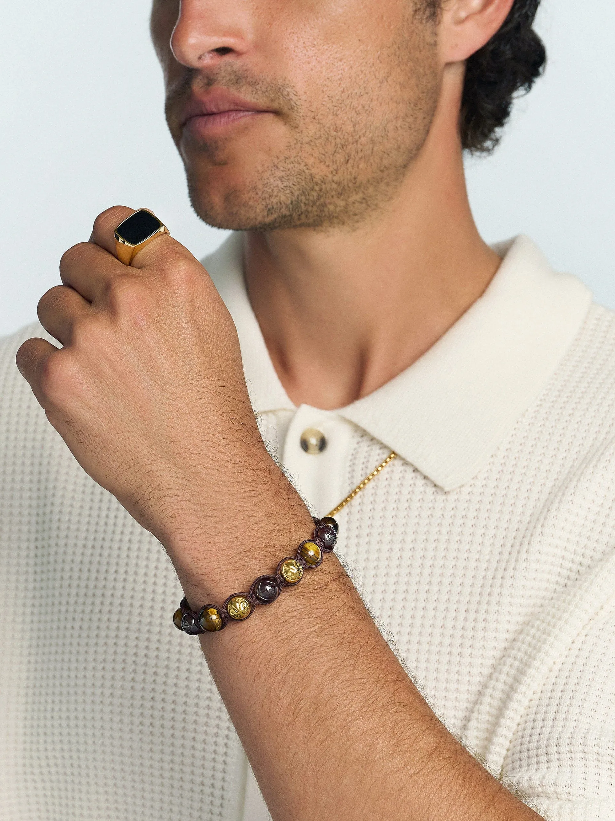Men's Beaded Bracelet with Burgundy Ceramic, Tiger Eye and Gold Balls