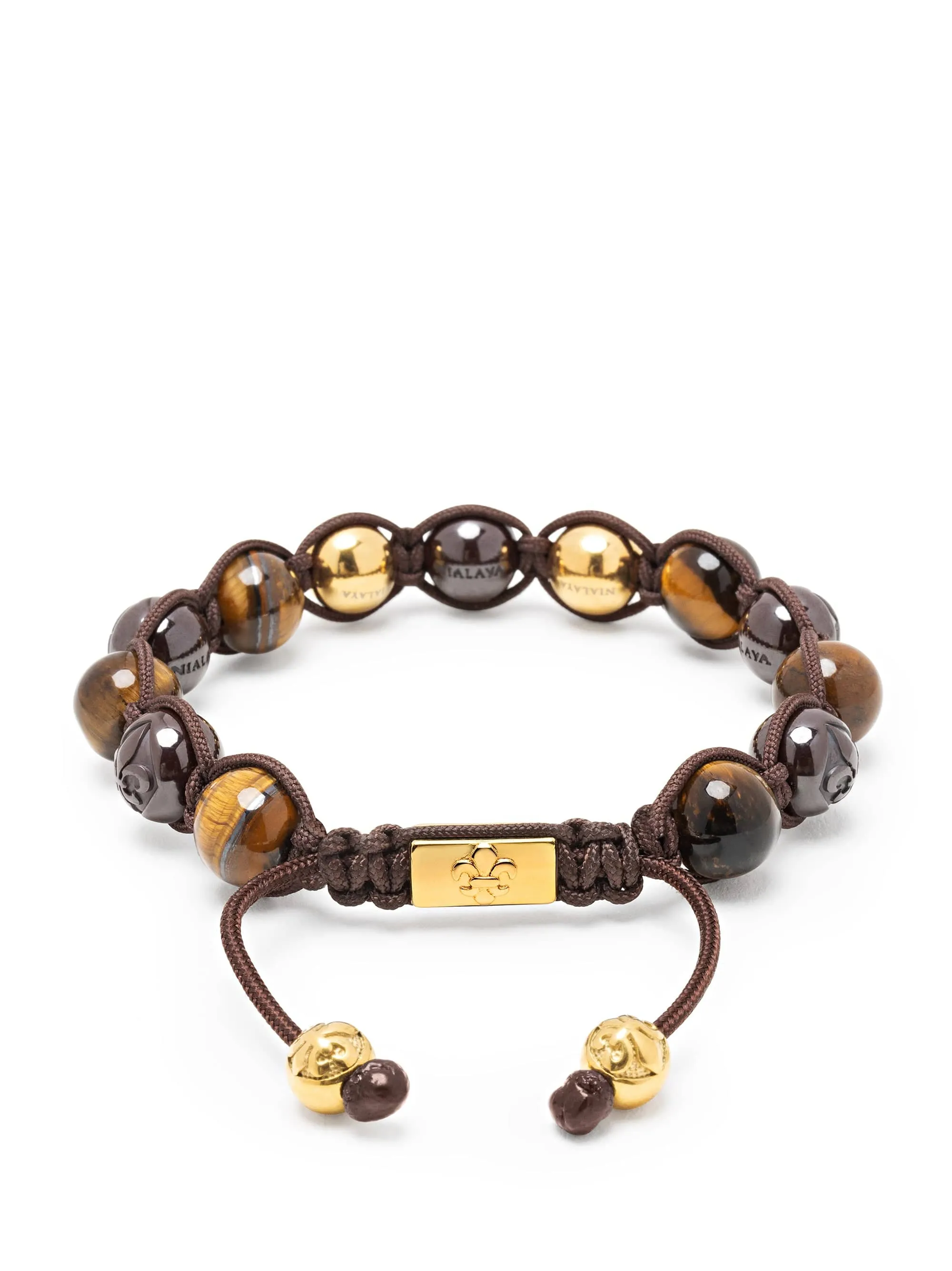 Men's Beaded Bracelet with Burgundy Ceramic, Tiger Eye and Gold Balls