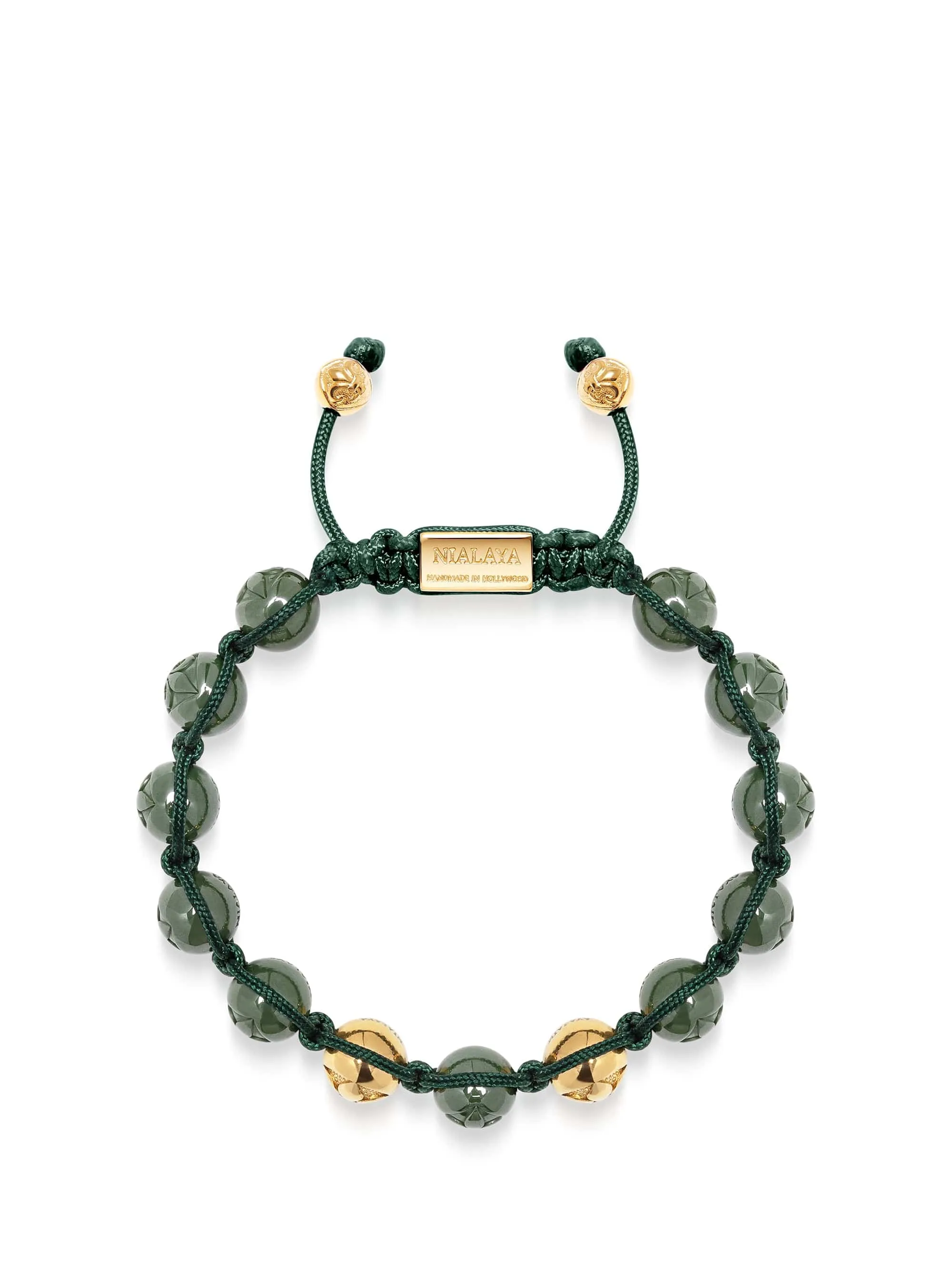 Men's Beaded Bracelet with Glossy Green Ceramic & Gold Beads