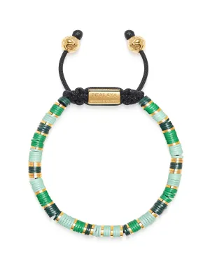 Men's Beaded Bracelet with Light Green and Gold Disc Beads