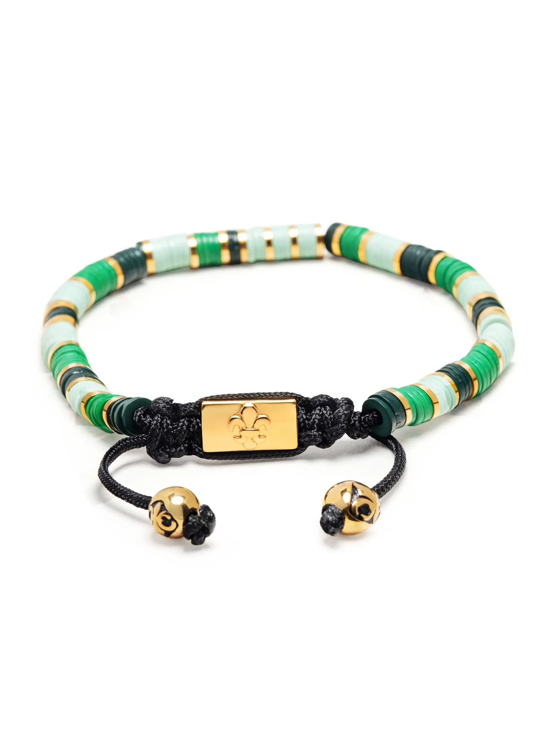 Men's Beaded Bracelet with Light Green and Gold Disc Beads