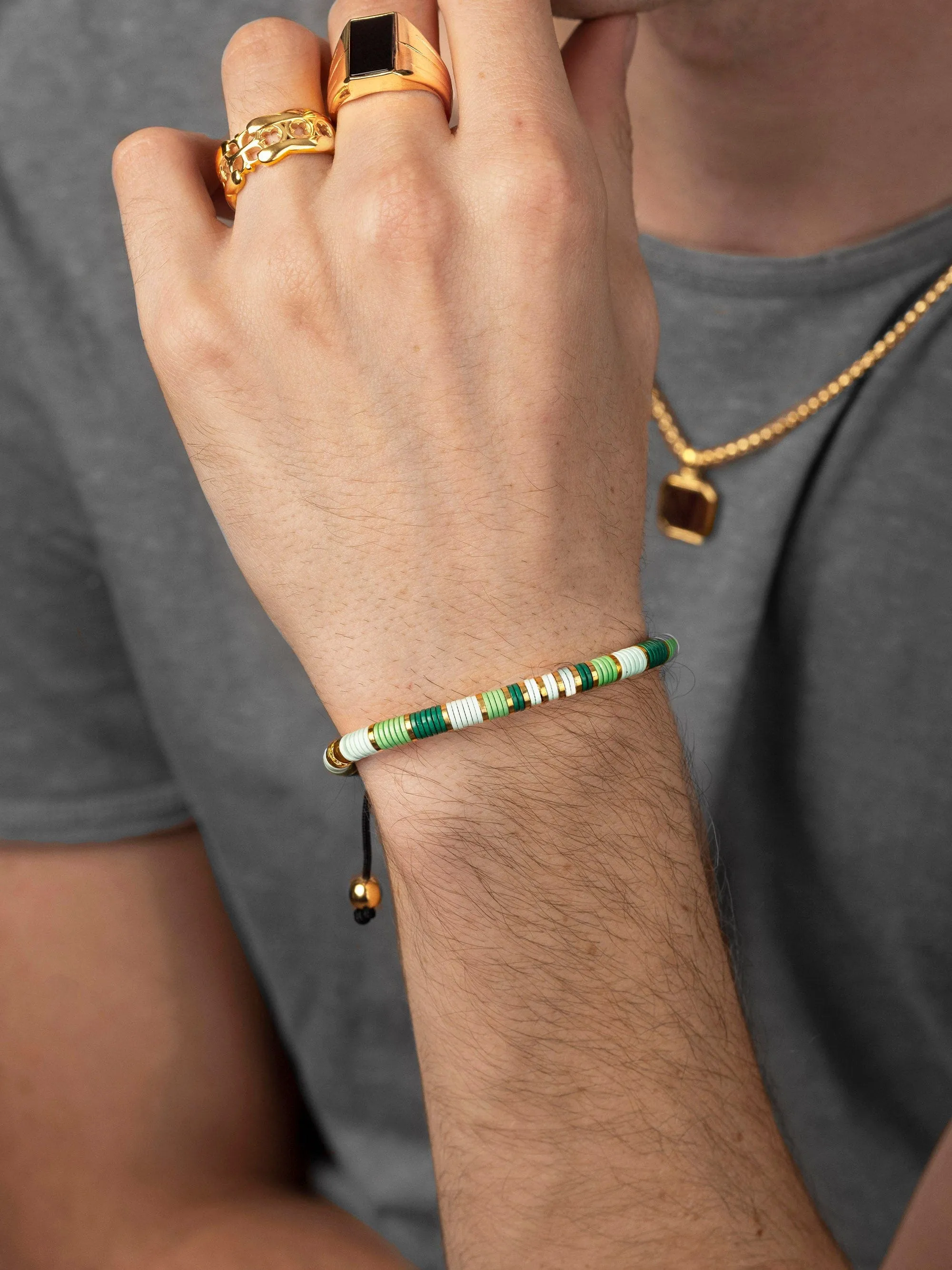 Men's Beaded Bracelet with Light Green and Gold Disc Beads