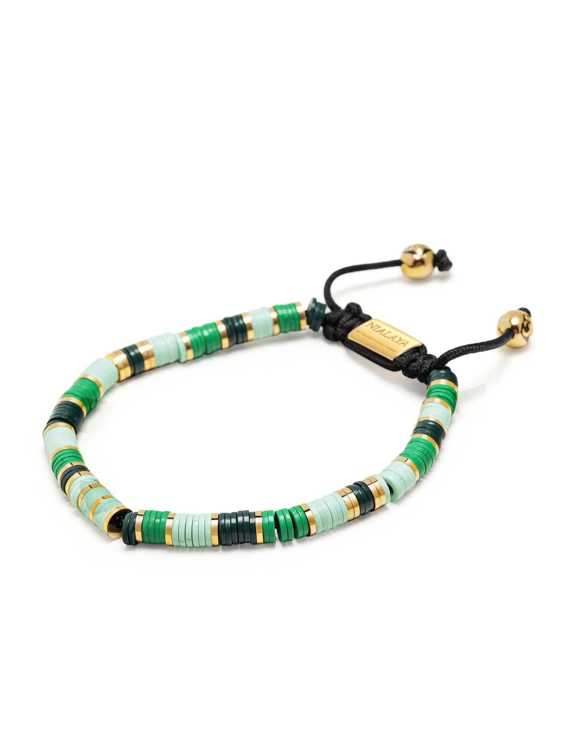 Men's Beaded Bracelet with Light Green and Gold Disc Beads