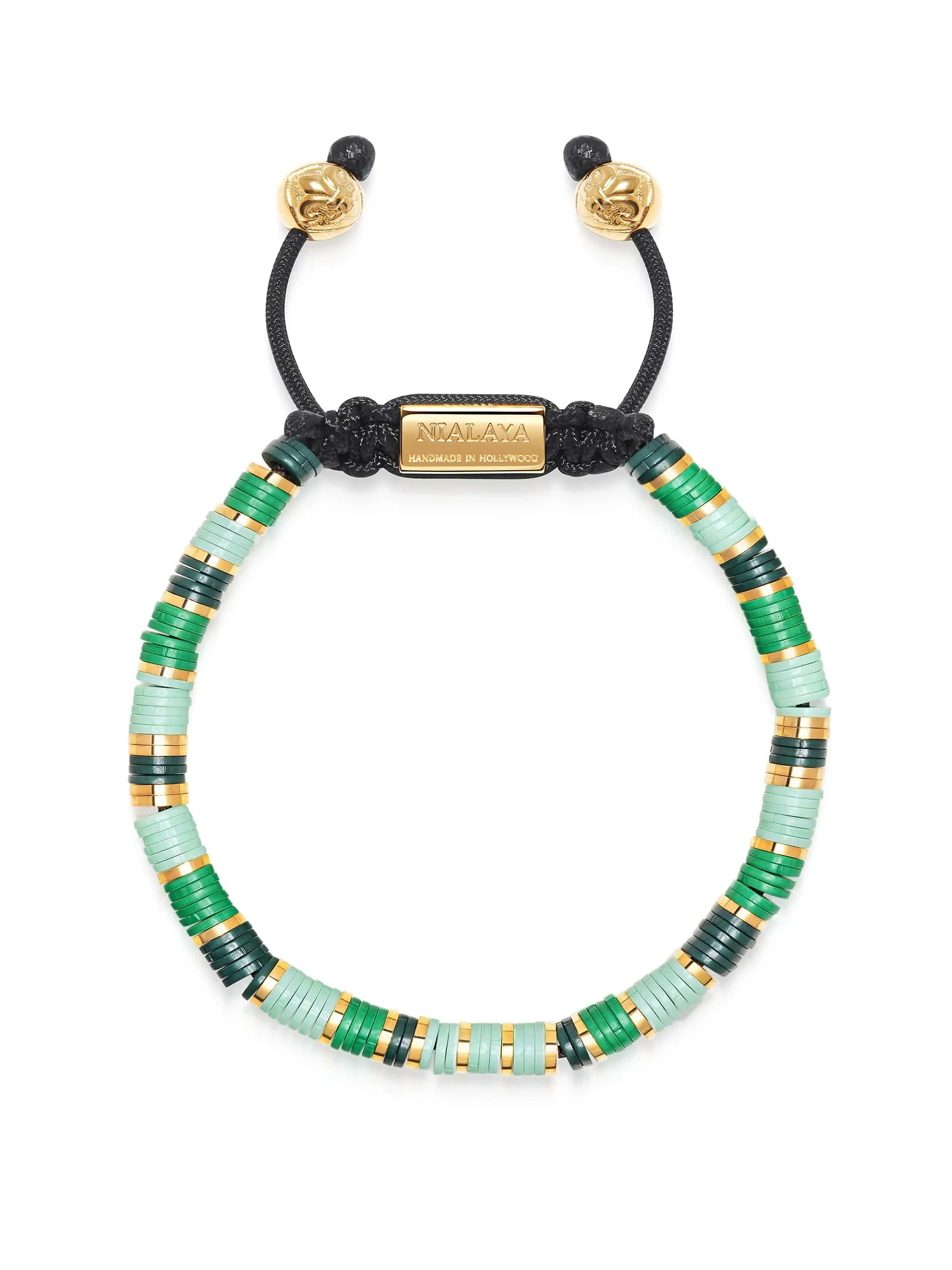 Men's Beaded Bracelet with Light Green and Gold Disc Beads