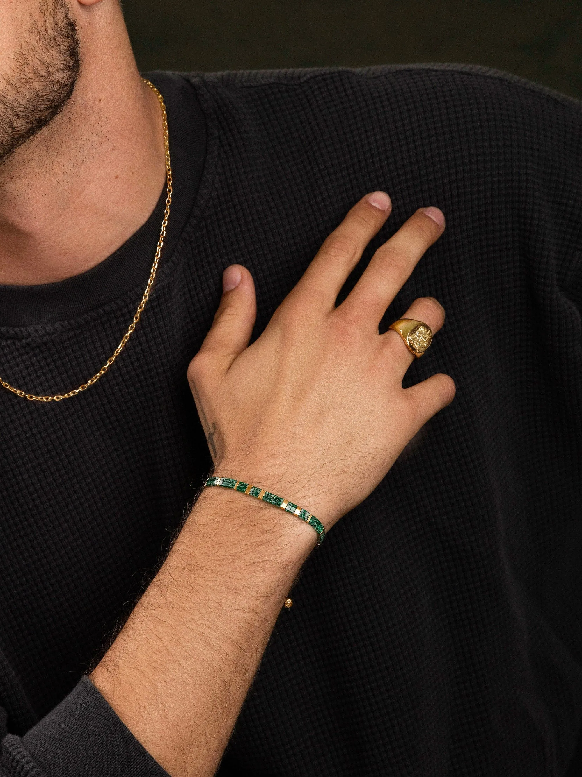 Men's Bracelet with Marbled Green and Gold Miyuki Tila Beads
