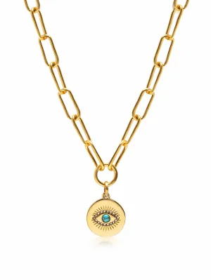 Men's Gold Paperclip Chain with Evil Eye Coin