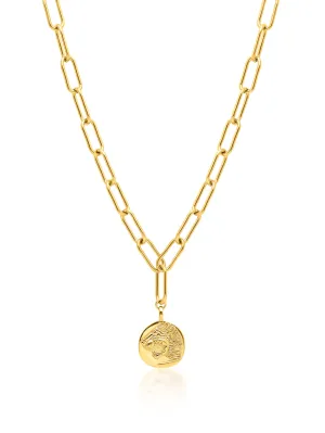 Men's Gold Paperclip Chain with Lion Coin